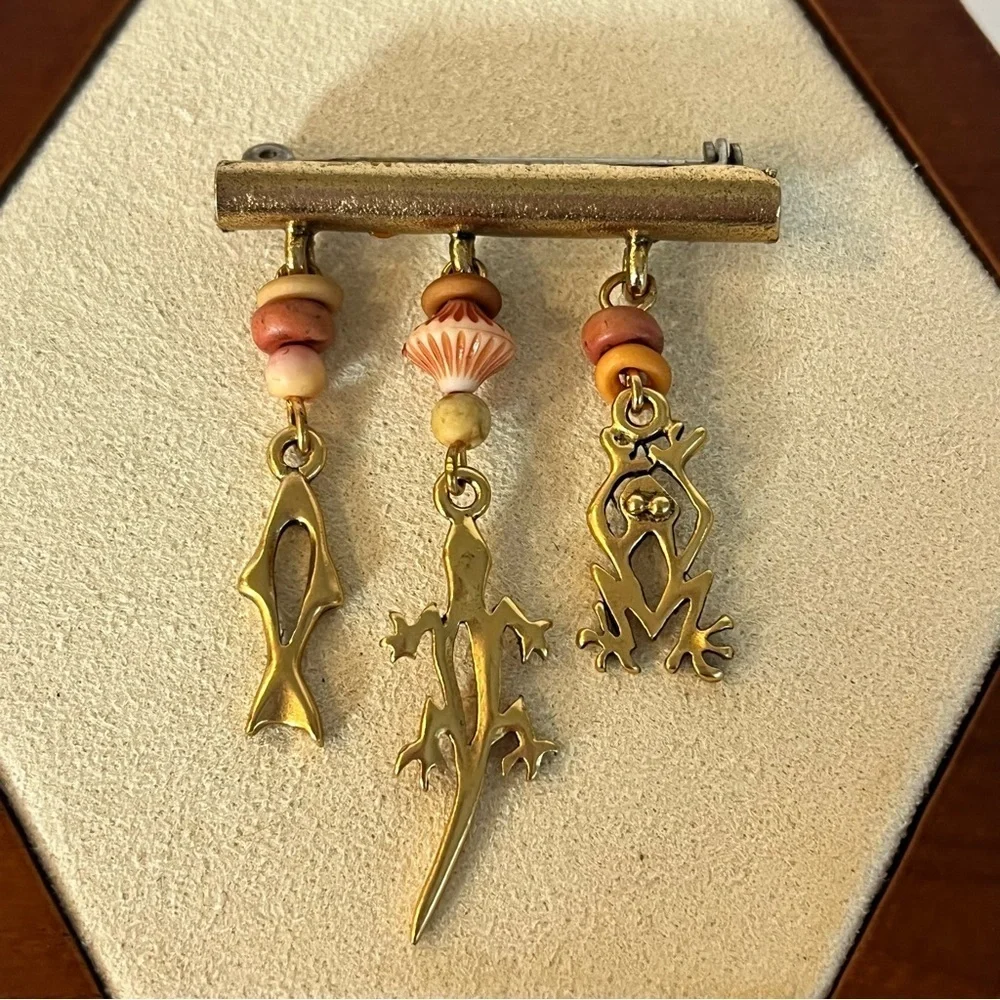 Vintage Gold Charm Brooch with Animal Pendants